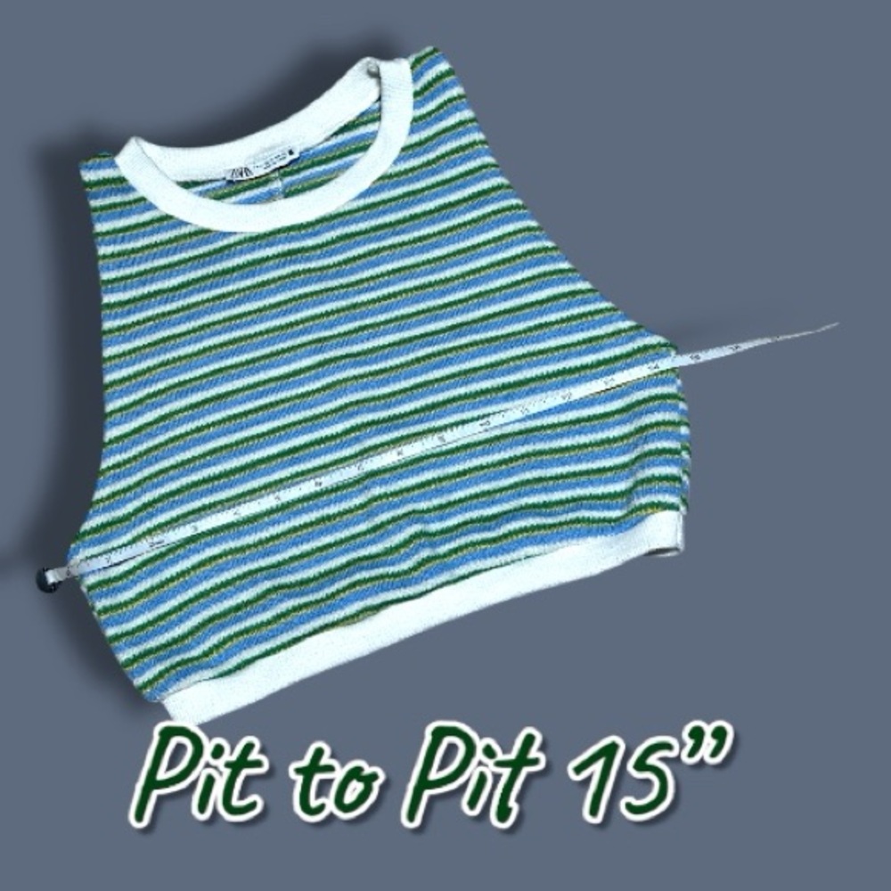 GUC ZARA Striped Crew Neck Cropped Tank Top in Blue and Green. Size Medium - Picture 3 of 7